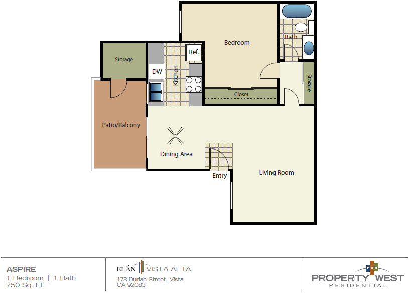 Floor plan for 1 bed, 1 bath, 750 sqft